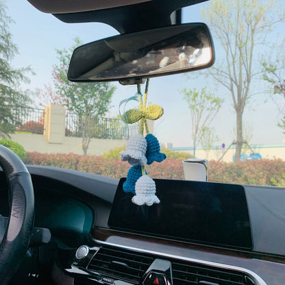 Cute Car Mirror Hanging Lily of the valley flower Interior Rear View Mirror Flower Car Accessories Crochet Toy for Women