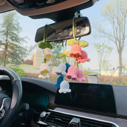 Cute Car Mirror Hanging Lily of the valley flower Interior Rear View Mirror Flower Car Accessories Crochet Toy for Women