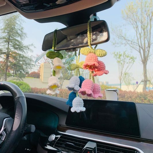 Cute Car Mirror Hanging Lily of the valley flower Interior Rear View Mirror Flower Car Accessories Crochet Toy for Women