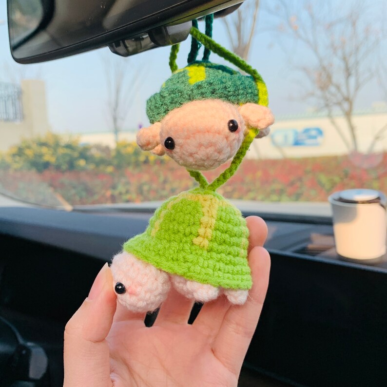 Handmade crochet Cute mini turtle Head retracted into shell Car Accessories decor Teens Interior Rear View Mirror Hanging Charm