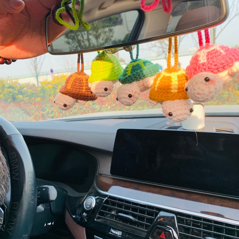 Handmade crochet Cute mini turtle Head retracted into shell Car Accessories decor Teens Interior Rear View Mirror Hanging Charm