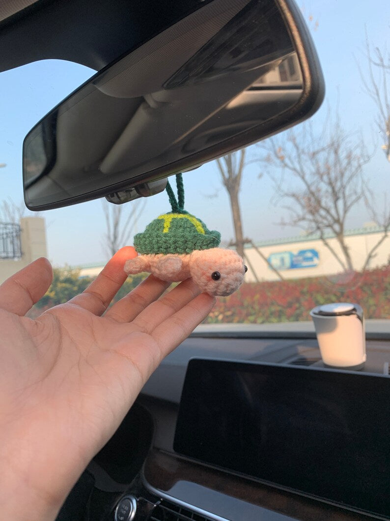 Handmade crochet Cute mini turtle Head retracted into shell Car Accessories decor Teens Interior Rear View Mirror Hanging Charm