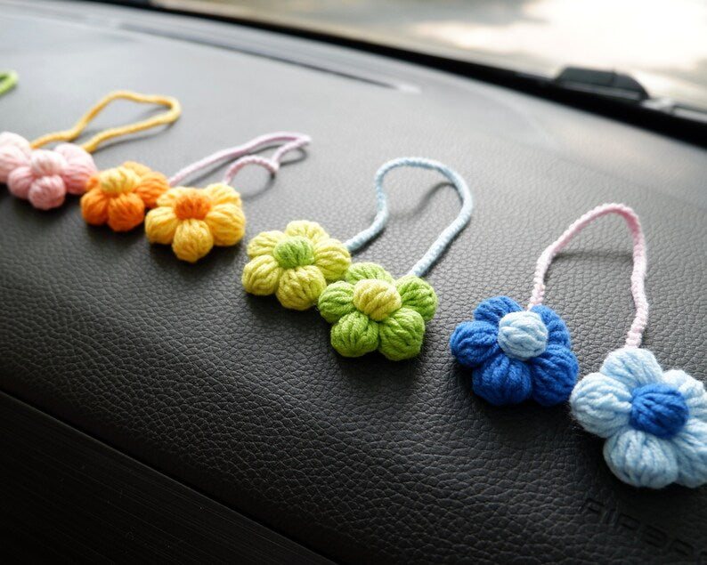 Crochet Flower Car Mirror Hanging Accessories, Rainbow Daisy Car Rear View Mirror Accessory, Cute Car Interior Accessory for Women