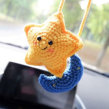 Star Moon Rear View Mirror Accessories, Crochet Car Mirror Charm, Car Mirror Hanging, Car Interior Accessories for Women/Teens/Men