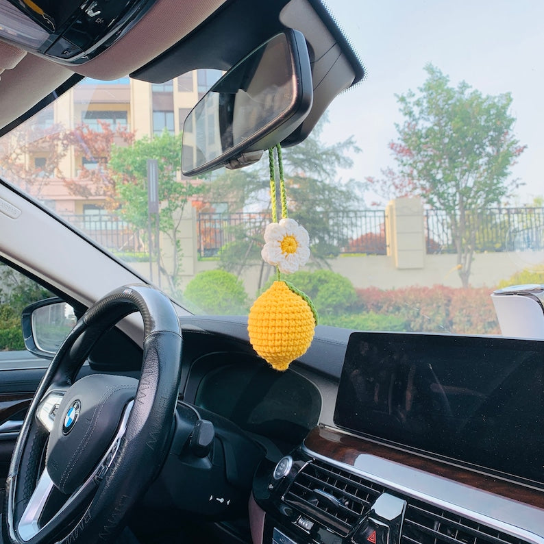 Cute Car Mirror Hanging lemon flower Interior Rear View Mirror Flower Car Accessories Crochet Toy for Women