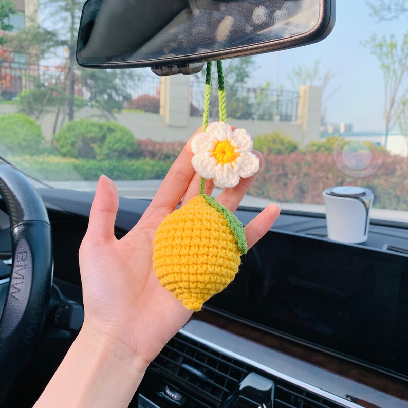 Cute Car Mirror Hanging lemon flower Interior Rear View Mirror Flower Car Accessories Crochet Toy for Women
