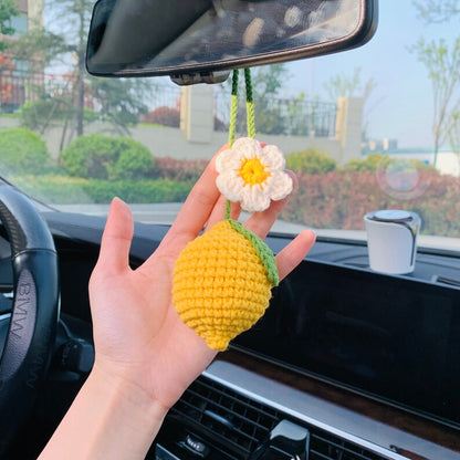 Cute Car Mirror Hanging lemon flower Interior Rear View Mirror Flower Car Accessories Crochet Toy for Women