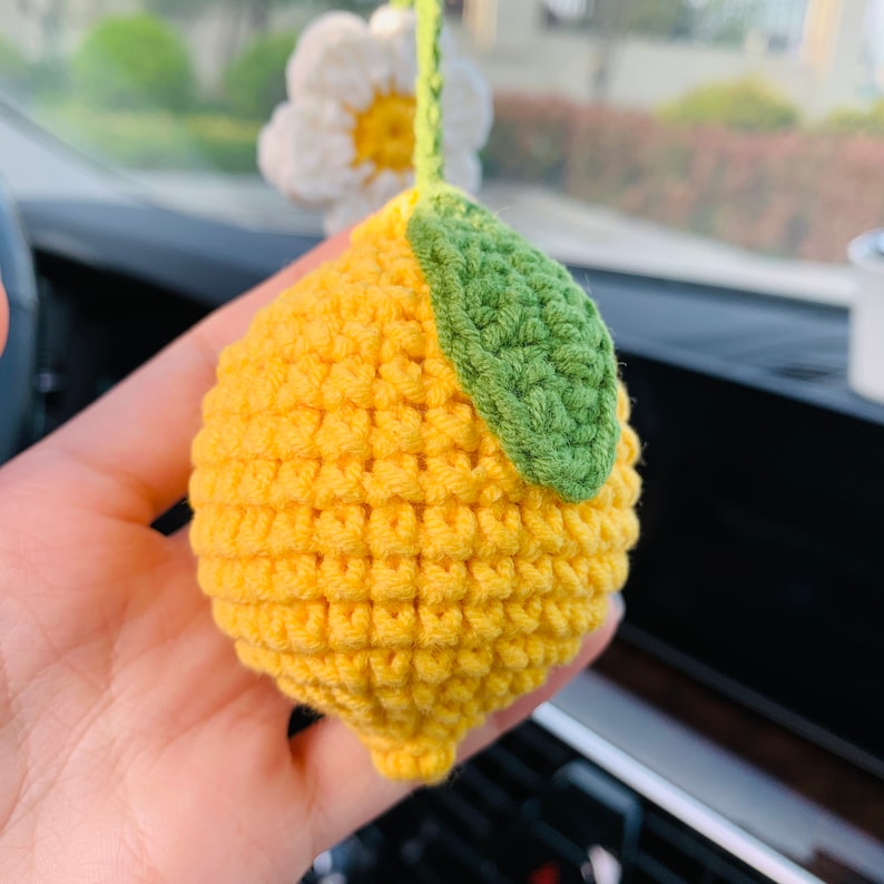 Cute Car Mirror Hanging lemon flower Interior Rear View Mirror Flower Car Accessories Crochet Toy for Women