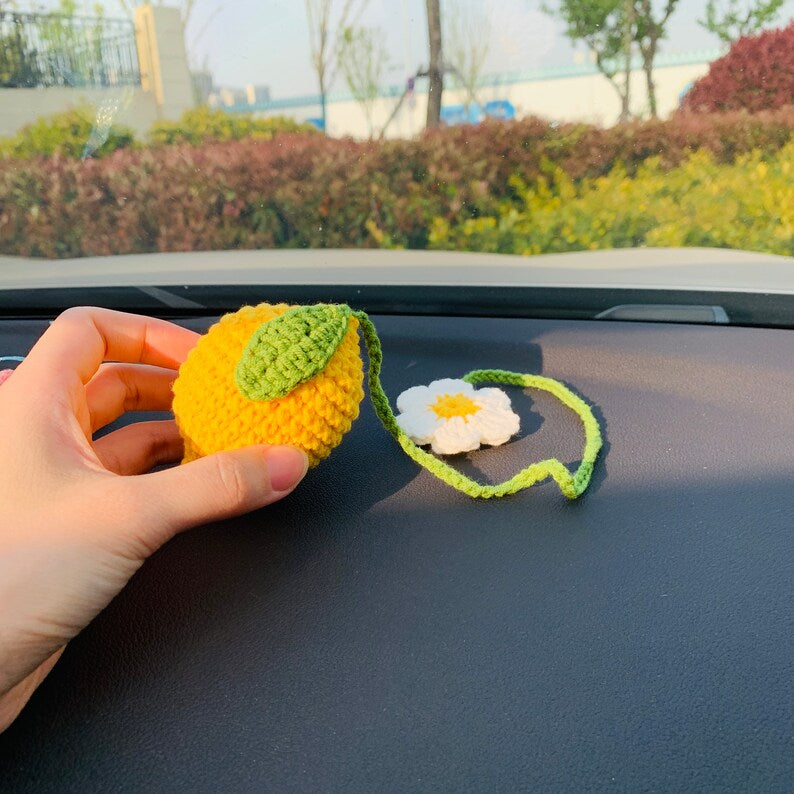 Cute Car Mirror Hanging lemon flower Interior Rear View Mirror Flower Car Accessories Crochet Toy for Women