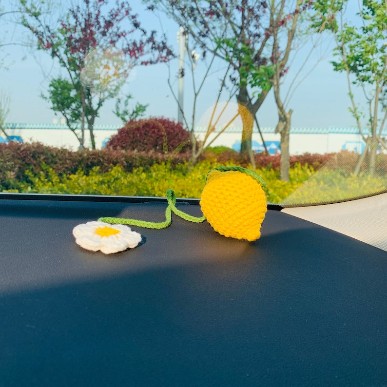 Cute Car Mirror Hanging lemon flower Interior Rear View Mirror Flower Car Accessories Crochet Toy for Women