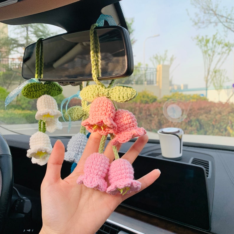 Cute Car Mirror Hanging Lily of the valley flower Interior Rear View Mirror Flower Car Accessories Crochet Toy for Women