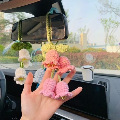 Cute Car Mirror Hanging Lily of the valley flower Interior Rear View Mirror Flower Car Accessories Crochet Toy for Women