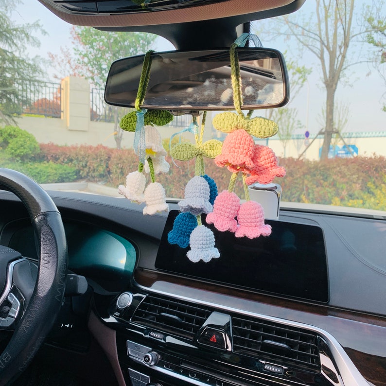 Cute Car Mirror Hanging Lily of the valley flower Interior Rear View Mirror Flower Car Accessories Crochet Toy for Women