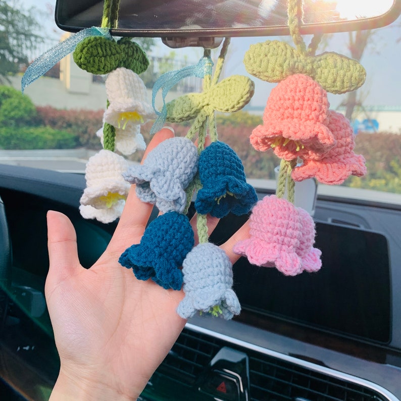 Cute Car Mirror Hanging Lily of the valley flower Interior Rear View Mirror Flower Car Accessories Crochet Toy for Women
