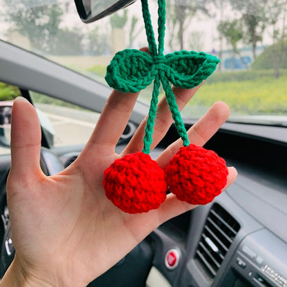Cute Cherry Crochet Car Mirror Hanging Accessories for Women Teens Interior Rear View Mirror animal Charm Decor