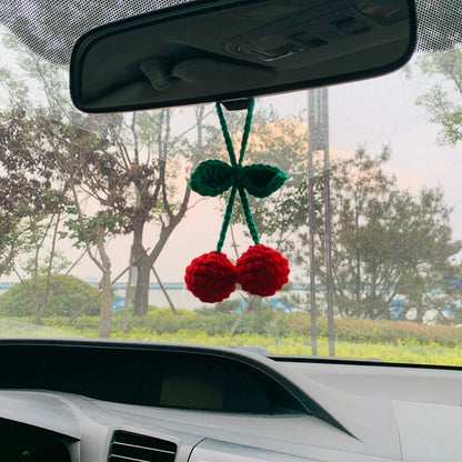 Cute Cherry Crochet Car Mirror Hanging Accessories for Women Teens Interior Rear View Mirror animal Charm Decor