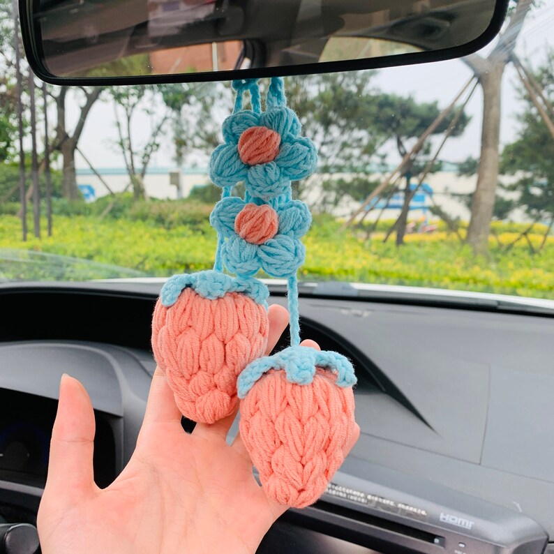 2 pcs Cute Strawberry kawaii Flower Car Mirror Hanging Charm Decor Teens Interior Rear View Mirror Fruit car Accessories for Women