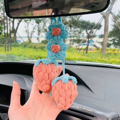 2 pcs Cute Strawberry kawaii Flower Car Mirror Hanging Charm Decor Teens Interior Rear View Mirror Fruit car Accessories for Women