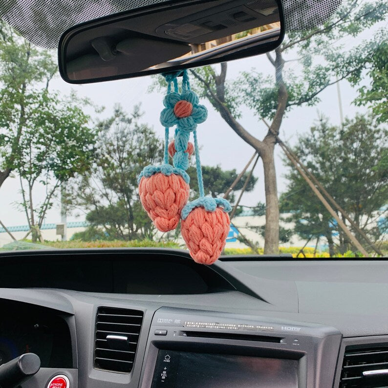 2 pcs Cute Strawberry kawaii Flower Car Mirror Hanging Charm Decor Teens Interior Rear View Mirror Fruit car Accessories for Women