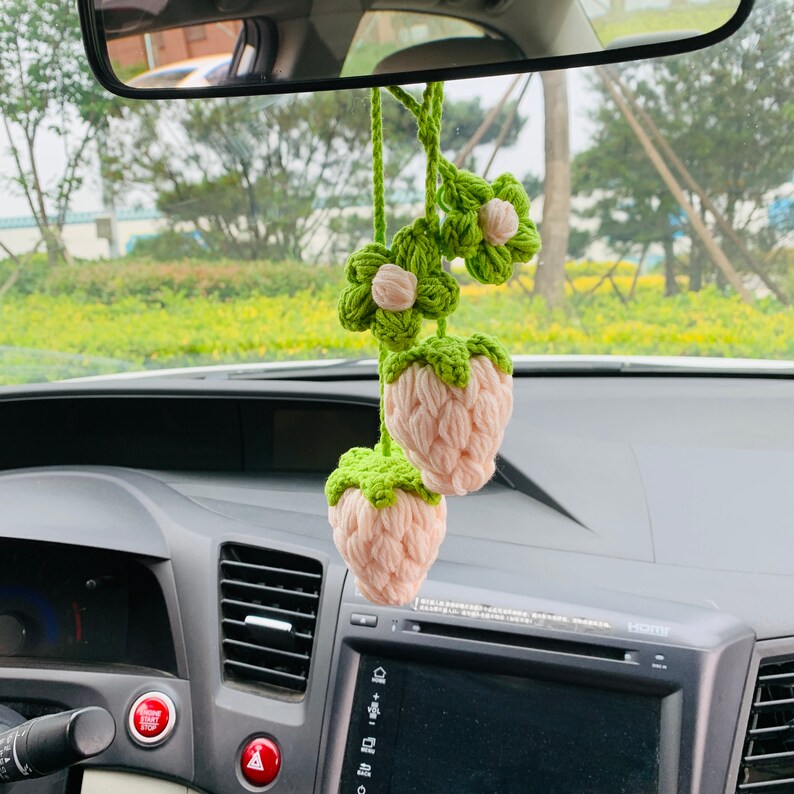 2 pcs Cute Strawberry kawaii Car Mirror Hanging Charm Fruit Decor Teens Interior Rear View Mirror Flower car Accessories for Women