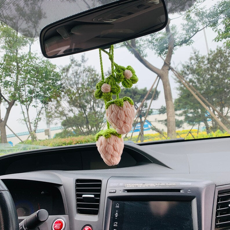 2 pcs Cute Strawberry kawaii Car Mirror Hanging Charm Fruit Decor Teens Interior Rear View Mirror Flower car Accessories for Women