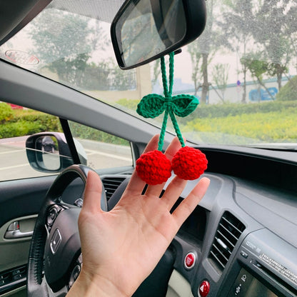 Cute Cherry Crochet Car Mirror Hanging Accessories for Women Teens Interior Rear View Mirror animal Charm Decor