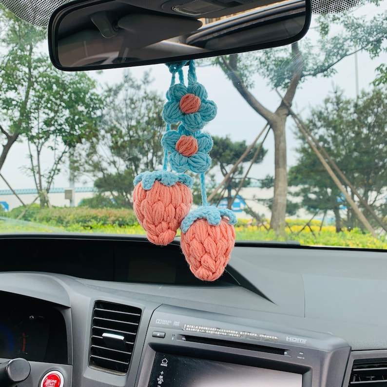 2 pcs Cute Strawberry kawaii Flower Car Mirror Hanging Charm Decor Teens Interior Rear View Mirror Fruit car Accessories for Women