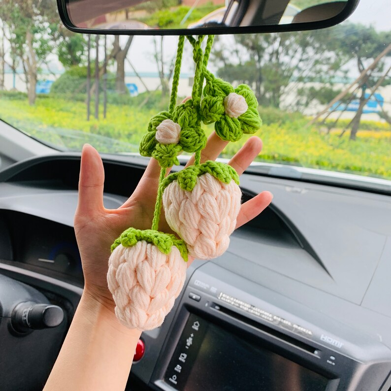 2 pcs Cute Strawberry kawaii Car Mirror Hanging Charm Fruit Decor Teens Interior Rear View Mirror Flower car Accessories for Women
