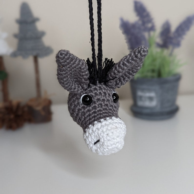 Crochet Donkey Car Charm | Donkey Plush Rearview Mirror Hanger