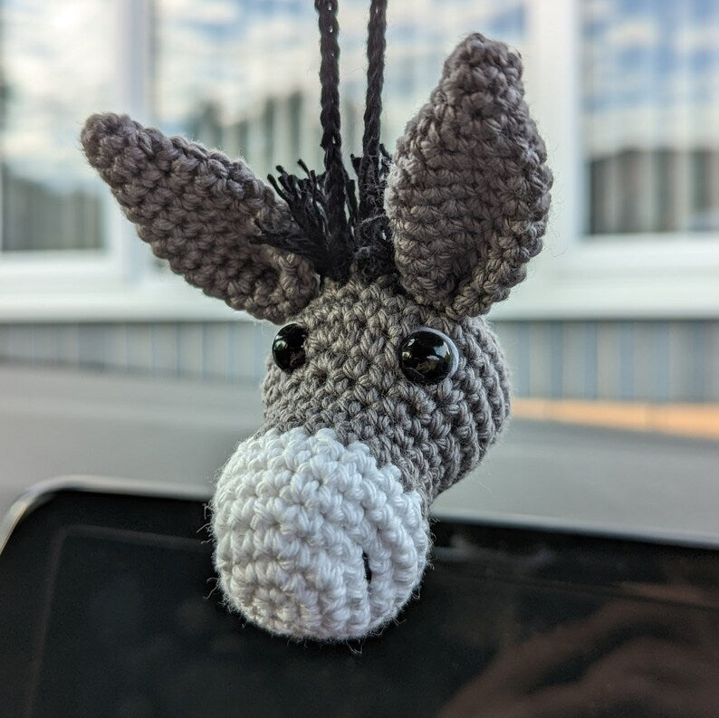 Crochet Donkey Car Charm | Donkey Plush Rearview Mirror Hanger