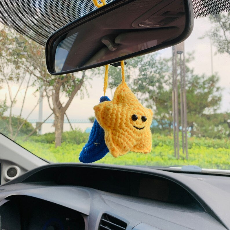 Star with Moon Crochet Car Mirror Hanging Accessories for Women Teens Interior Rear View Mirror animal Charm Decor