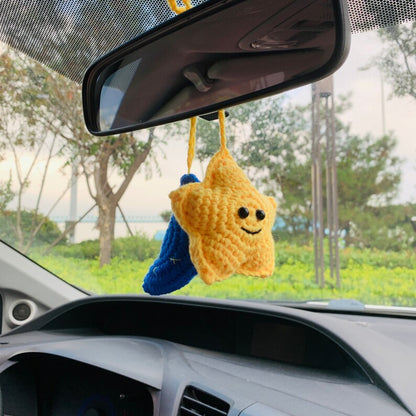 Star with Moon Crochet Car Mirror Hanging Accessories for Women Teens Interior Rear View Mirror animal Charm Decor