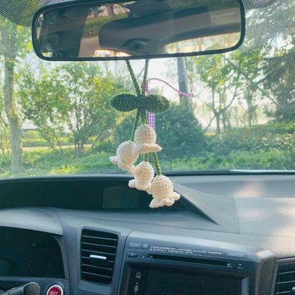 Cute Car Mirror Hanging Lily of the valley flower Interior Rear View Mirror Flower Car Accessories Crochet Toy for Women