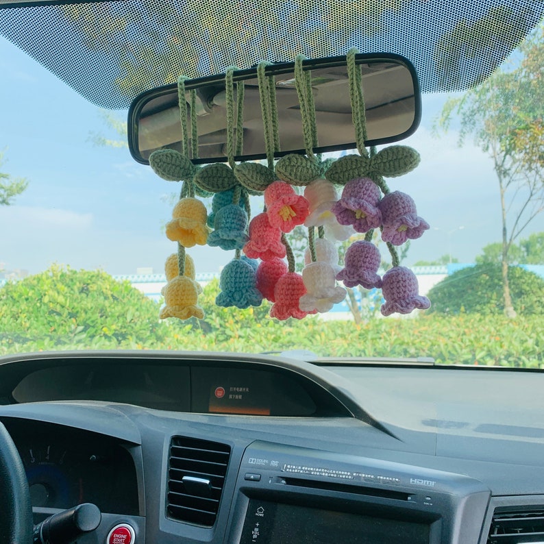 Handmade Cute Car Mirror Hanging Lily of the valley flower Interior Rear View Mirror Flower Car Accessories Crochet Toy for Women