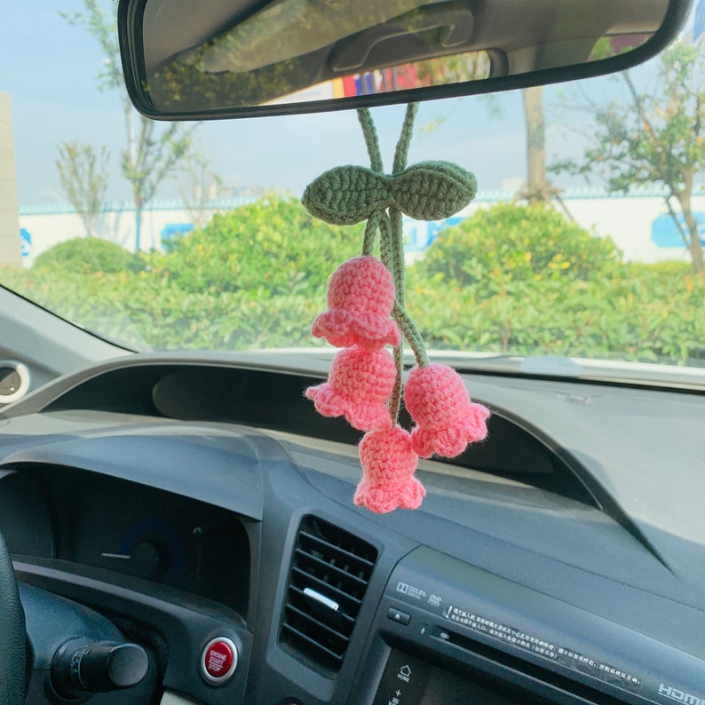 Handmade Cute Car Mirror Hanging Lily of the valley flower Interior Rear View Mirror Flower Car Accessories Crochet Toy for Women