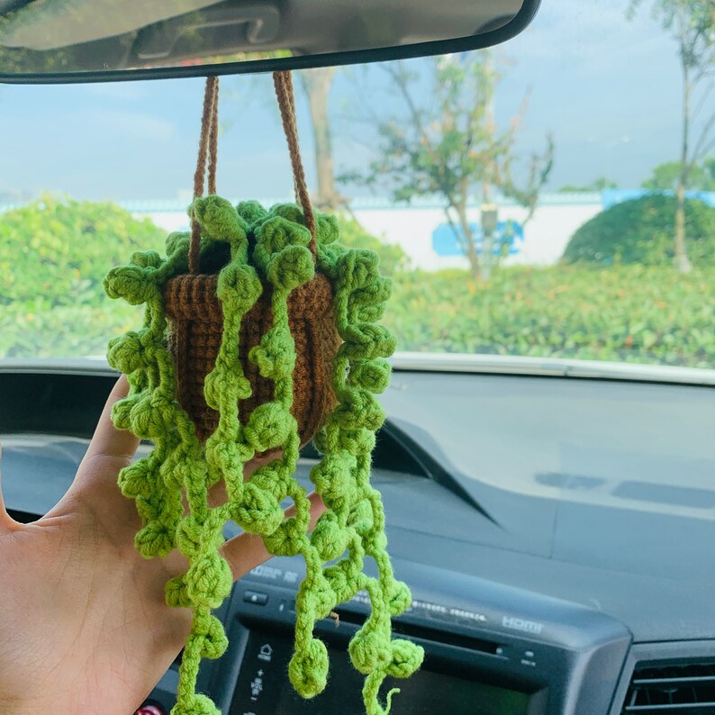Cute Car Mirror Hanging bracketplant chlorophytum comosum flower Interior Rear View Mirror Flower Car Accessories Crochet gift for car