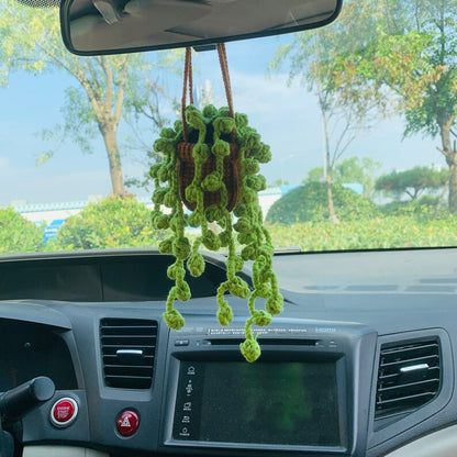 Cute Car Mirror Hanging bracketplant chlorophytum comosum flower Interior Rear View Mirror Flower Car Accessories Crochet gift for car