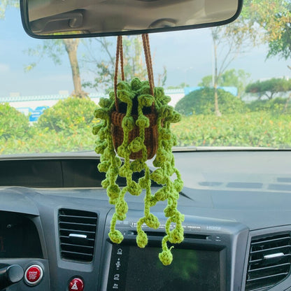Cute Car Mirror Hanging bracketplant chlorophytum comosum flower Interior Rear View Mirror Flower Car Accessories Crochet gift for car