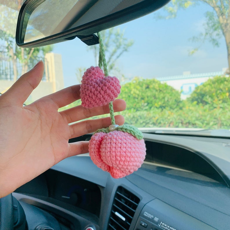 Cute Car Mirror Hanging Peach love flower Interior Rear View Mirror Flower Car Accessories Crochet car gift