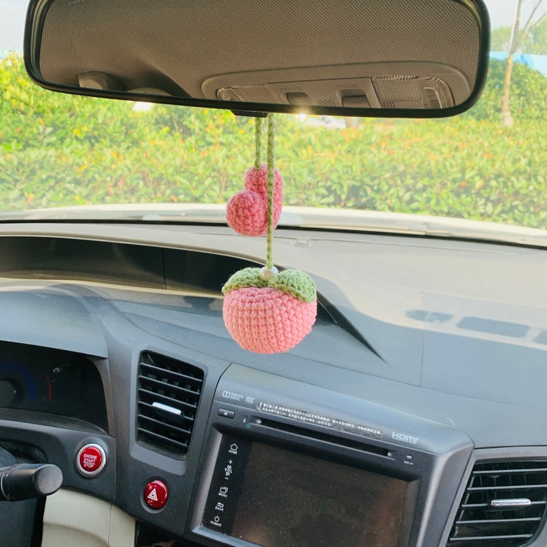 Cute Car Mirror Hanging Peach love flower Interior Rear View Mirror Flower Car Accessories Crochet car gift