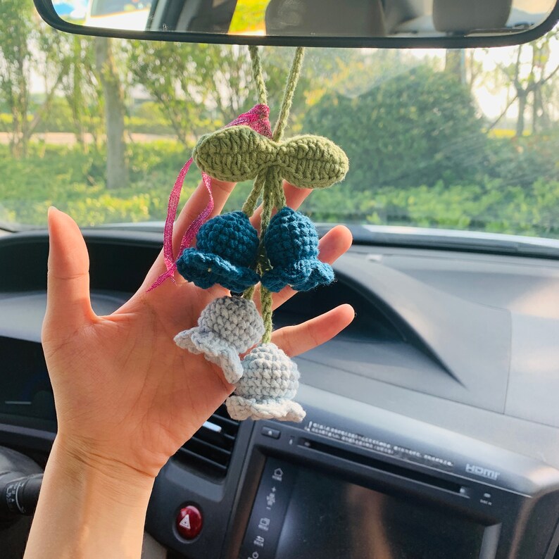 handmade Cute Car Mirror Hanging lily of the valley flower Interior Rear View Mirror Flower Car Accessories Crochet car gift