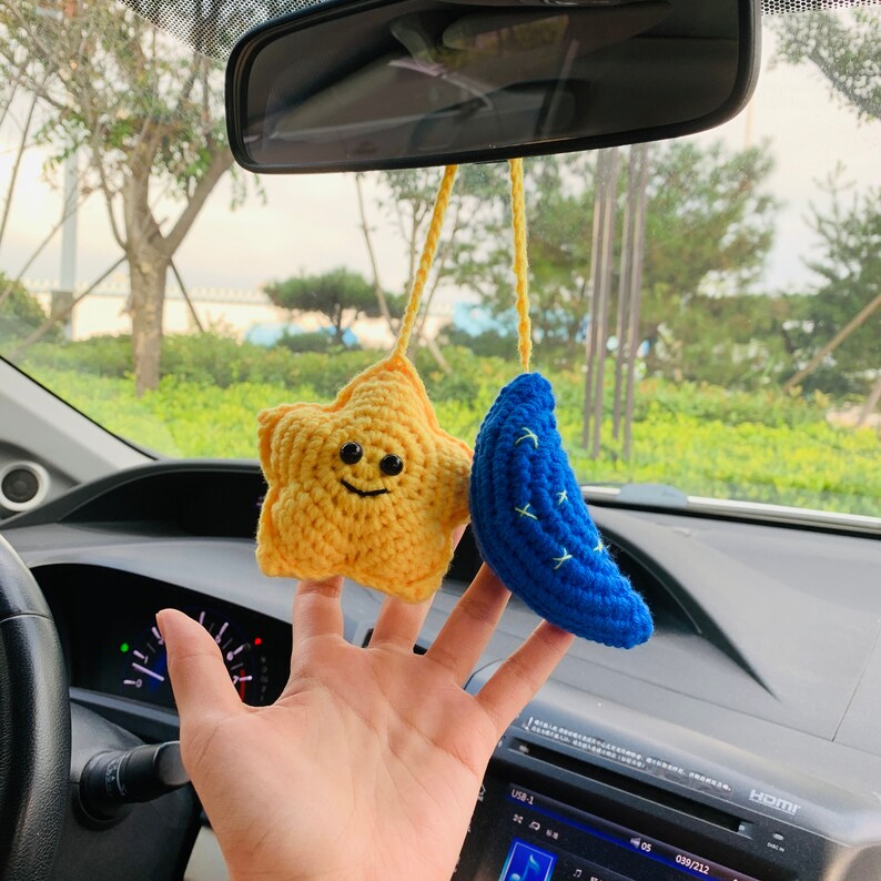 Star with Moon Crochet Car Mirror Hanging Accessories for Women Teens Interior Rear View Mirror animal Charm Decor