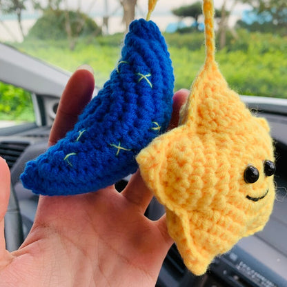 Star with Moon Crochet Car Mirror Hanging Accessories for Women Teens Interior Rear View Mirror animal Charm Decor