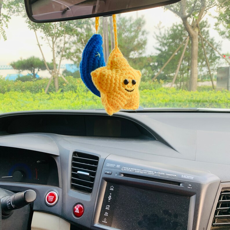 Star with Moon Crochet Car Mirror Hanging Accessories for Women Teens Interior Rear View Mirror animal Charm Decor