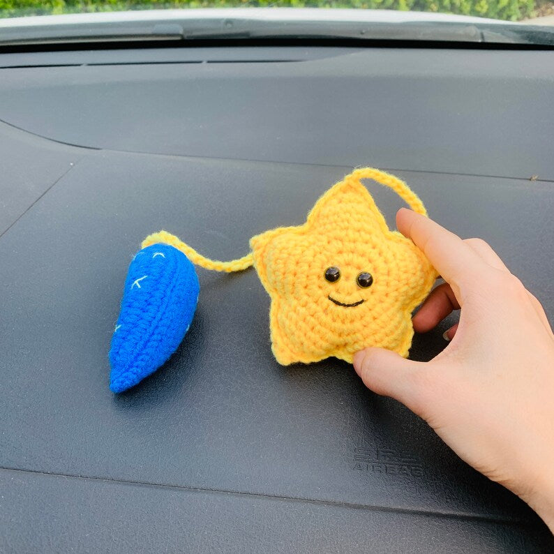 Star with Moon Crochet Car Mirror Hanging Accessories for Women Teens Interior Rear View Mirror animal Charm Decor