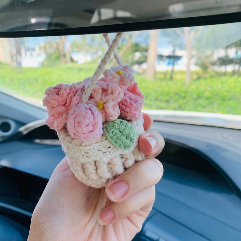 Cute Car Mirror Hanging mini rose flower Interior Rear View Mirror Flower Car Accessories Crochet gift for car