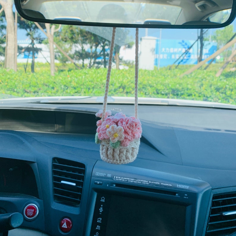 Cute Car Mirror Hanging mini rose flower Interior Rear View Mirror Flower Car Accessories Crochet gift for car