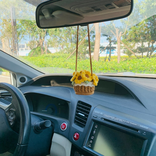 Cute Car Mirror Hanging mini sunflower Interior Rear View Mirror Flower Car Accessories Crochet gift for car