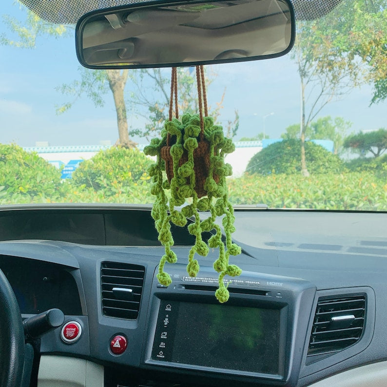 Cute Car Mirror Hanging bracketplant chlorophytum comosum flower Interior Rear View Mirror Flower Car Accessories Crochet gift for car