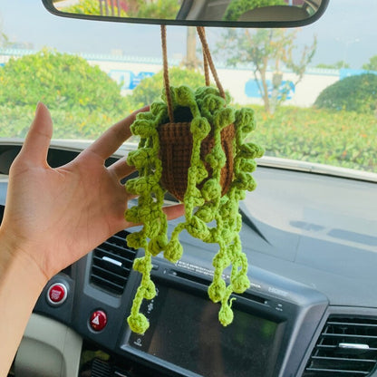 Cute Car Mirror Hanging bracketplant chlorophytum comosum flower Interior Rear View Mirror Flower Car Accessories Crochet gift for car
